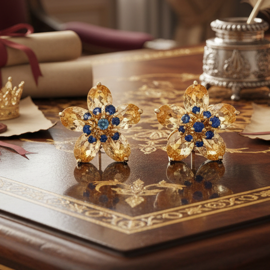 Italian Earrings, 10 Citrine Oval 9.30cttw, 18 Sapphires Round 0.54cttw, 18K Yellow Gold 11.80g. All Weights Estimated.