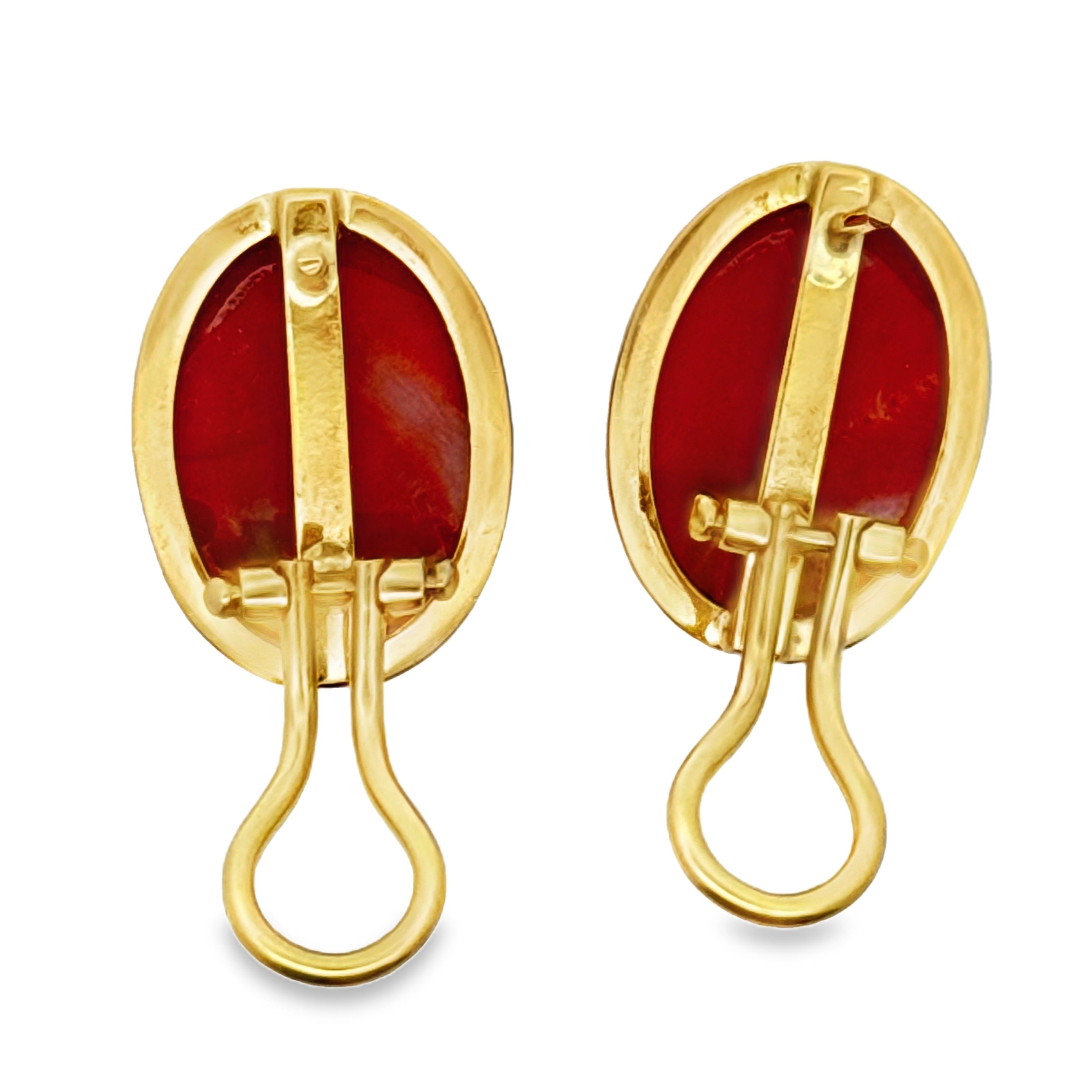 Italian Earrings, 2 Coral Cabochon 11.42cttw, 18K Yellow Gold 10.60g. All Weights Estimated.