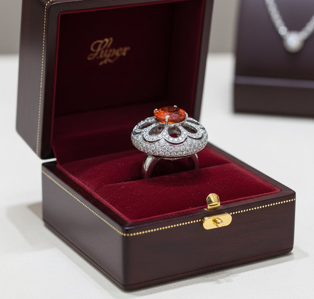 Zydo Ring, 1 Round Orange Sapphire 5.10 cttw, Round Diamond 2.45 cttw, 18K White Gold 16.00g
