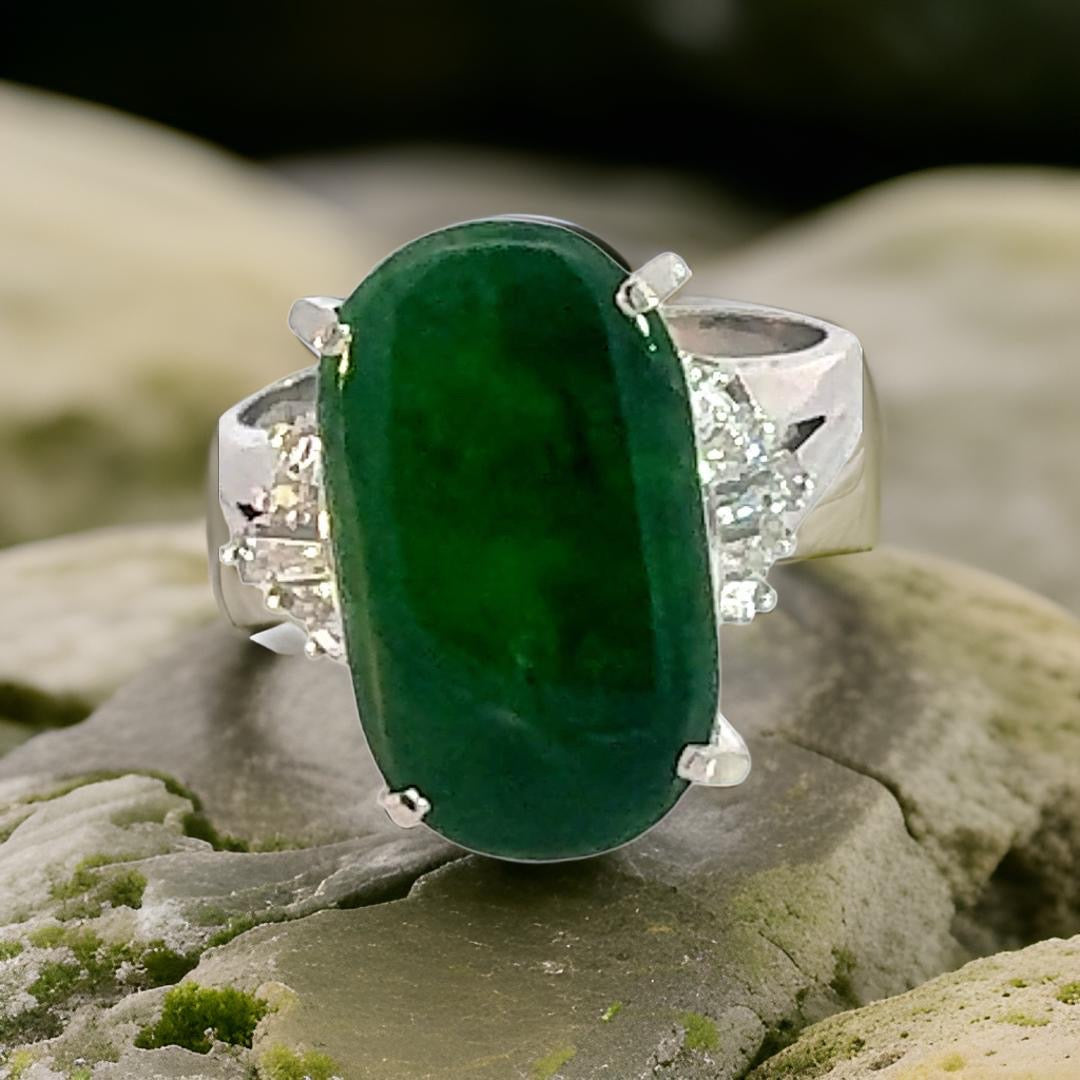 Estate Ring, Mixed Cut Diamond 0.43 ct  G-H VS1-VS2, Jade Cabochon 4.75 ct  Platinum 8.80g