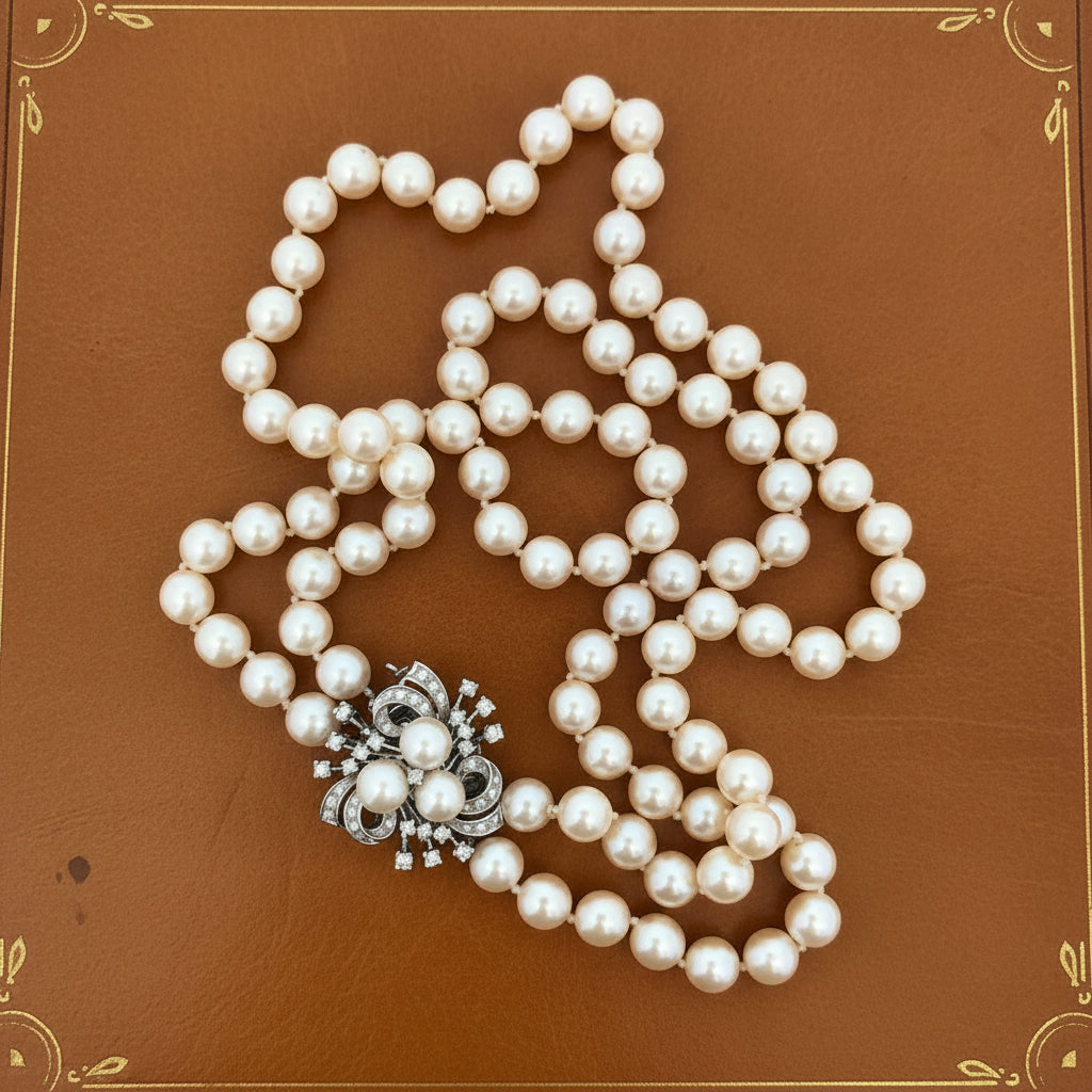Estate Necklace, Single Cut Diamond 0.50cttw.  G-H VS2-SI2,93 Japanese Akoya Pearl Round 14K White Gold 18.00g (All Weights Estimated)