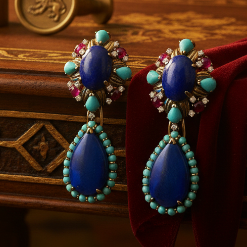 Estate Dangle Earrings, 32 Old European Cut Diamond 0.50cttw.  G-H SI1-SI2,4 Lapis Lazuli Cabochon 10.00cttw. , 8 Ruby Cabochon 1.60cttw.,Turquoise 14K Yellow Gold 28.40g (All Weights Estimated)