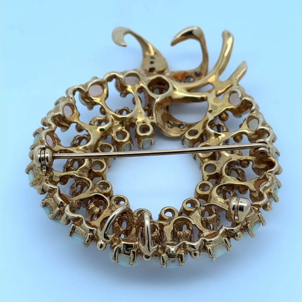 Estate Brooch/Pendant, 24 Round Brilliant Cut Diamonds 1.00cttw H-I SI1-SI2, 28 Mixed Cut Diamonds 2.50cttw, 14K Yellow Gold 13.60g. All Weights Estimated.