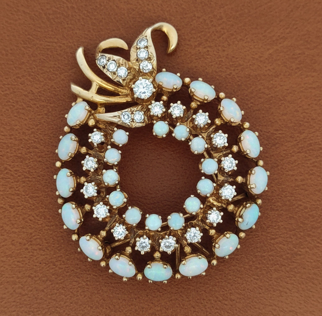 Estate Brooch/Pendant, 24 Round Brilliant Cut Diamonds 1.00cttw H-I SI1-SI2, 28 Mixed Cut Diamonds 2.50cttw, 14K Yellow Gold 13.60g. All Weights Estimated.