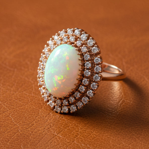 Estate Ring, Round Brilliant Cut Diamond 2.50cttw.  H-J VS2-SI2,1 Opal Cabochon 14K Yellow Gold 17.30g (All Weights Estimated)