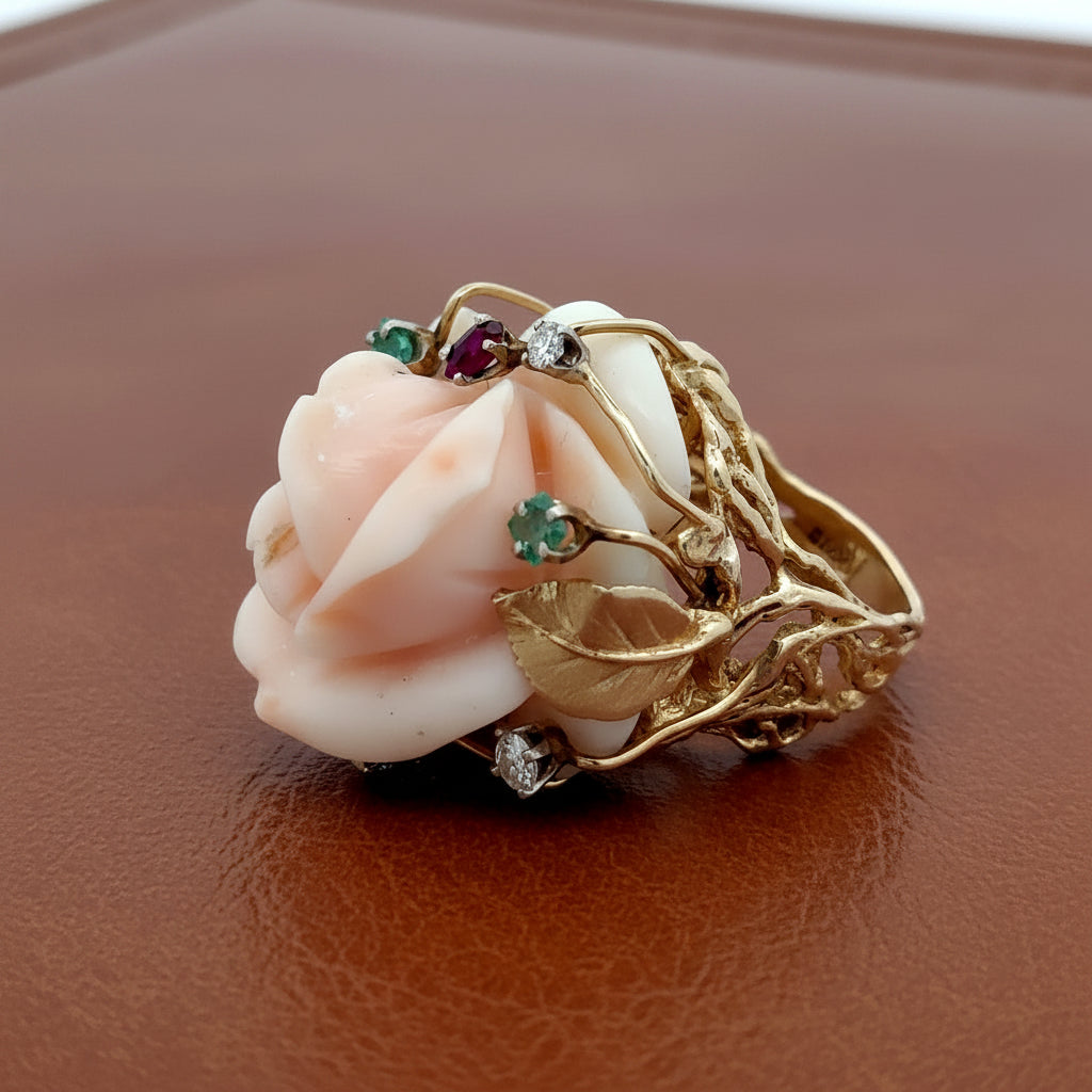 Estate Ring, 3 Round Brilliant Cut Diamond ,1 Coral Carved,4 Emerald Princess Cut,2 Ruby Marquise Cut 14K Yellow Gold 37.80g (All Weights Estimated)