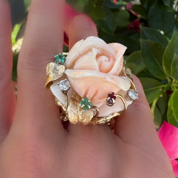 Estate Ring, 3 Round Brilliant Cut Diamond ,1 Coral Carved,4 Emerald Princess Cut,2 Ruby Marquise Cut 14K Yellow Gold 37.80g (All Weights Estimated)
