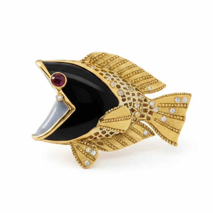 Estate Italian Brooch/Pendant, Round Brilliant Cut Diamond 0.71cttw  G-H VS2-SI2,1 Ruby Cabochon 0.49 ct , Onyx Carved 18K Yellow Gold 27.99g