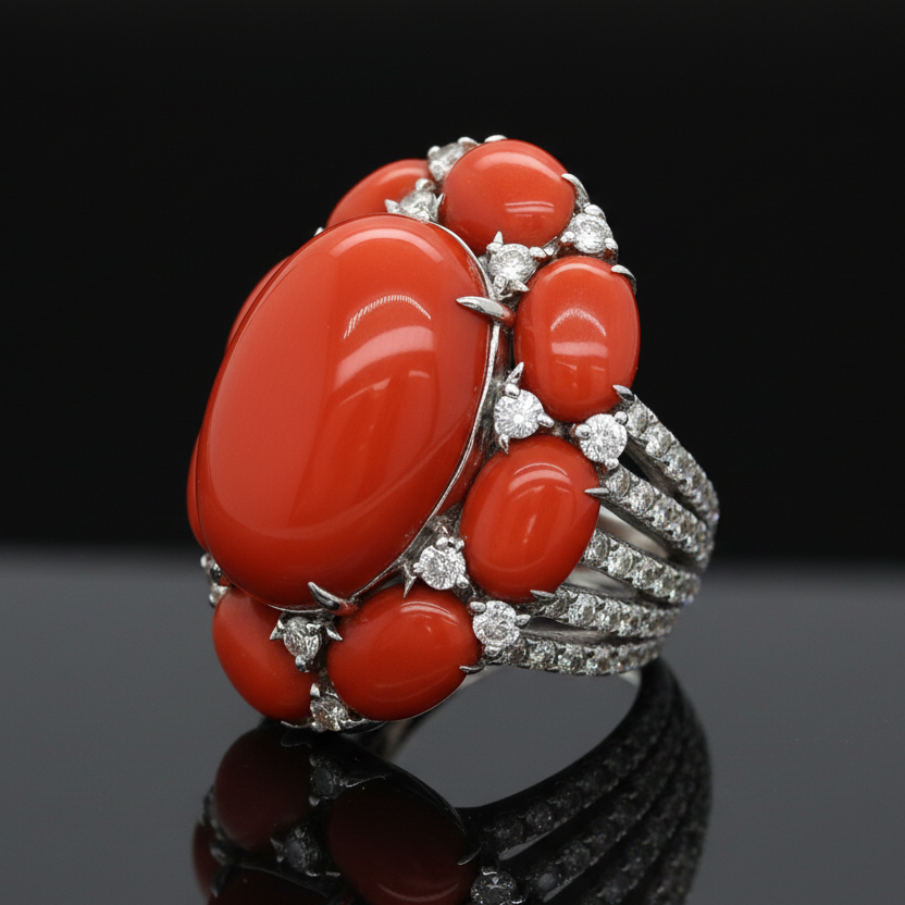 Estate Designer Ring, Round Diamond 1.25ct  G-I SI1-SI2, 9 Coral Oval 25.02ct, 18K White Gold 20.76g