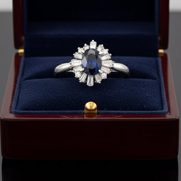 Estate Halo Ring, 1 Oval Sapphire 1.40 ct, 16 Round Diamond 0.73 cttw H-I SI1-SI2, Platinum 5.30g