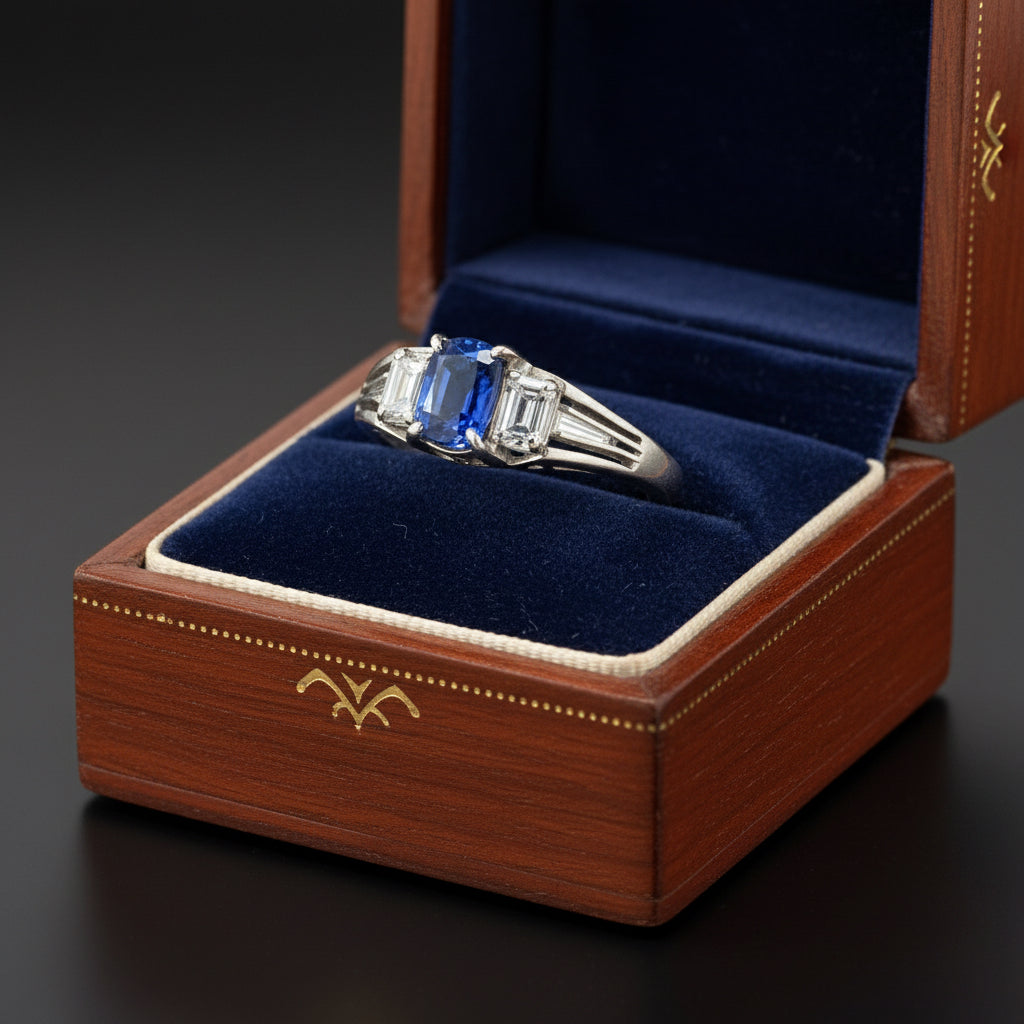 Estate 3 Stone Ring, 1 Emerald Cut Sapphire 1.17 ct, 2 Emerald Cut Diamond 0.37 cttw G-H VS1, Platinum 4.70g