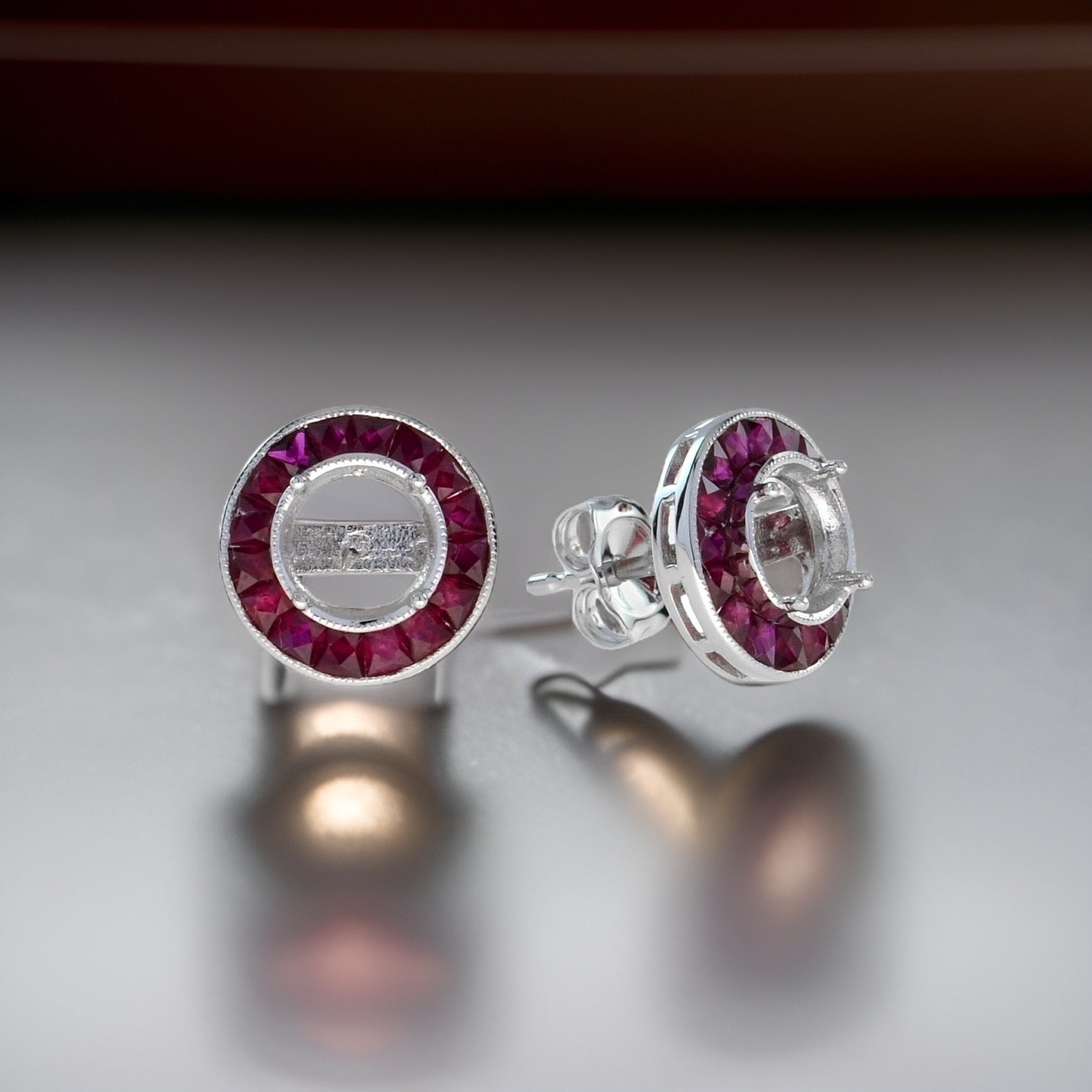 Semi Mount Earrings, 32 Ruby 1.83 cttw, 18K White Gold 3.30g