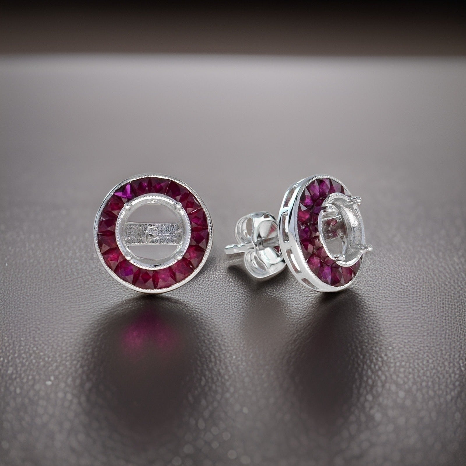 Semi Mount Earrings, 32 Ruby 1.40 cttw, 18K White Gold 2.74g