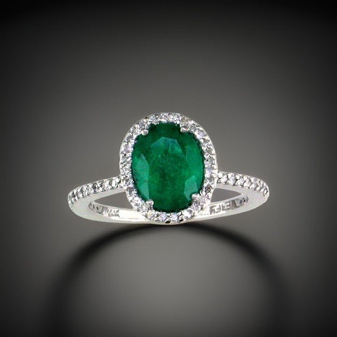 Effy Halo Ring, 1 Oval Emerald 1.52 ct, Round Diamond 0.25 cttw H-I SI2-I1, 14K White Gold 3.60g