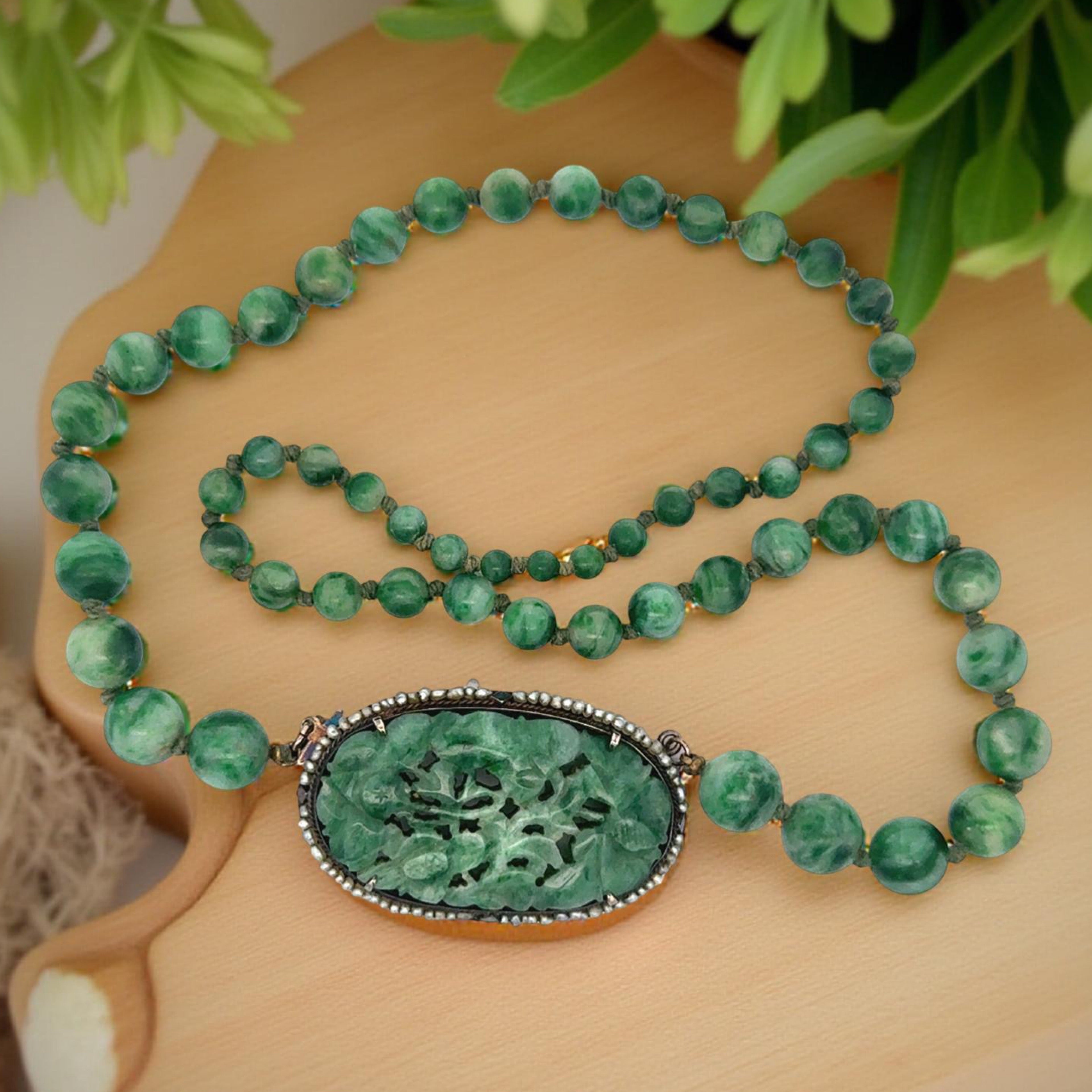 Estate Necklace,54 Jade Beads,1 Jade Carved, 80 Natural Pearl, 14K White Gold 11.06g