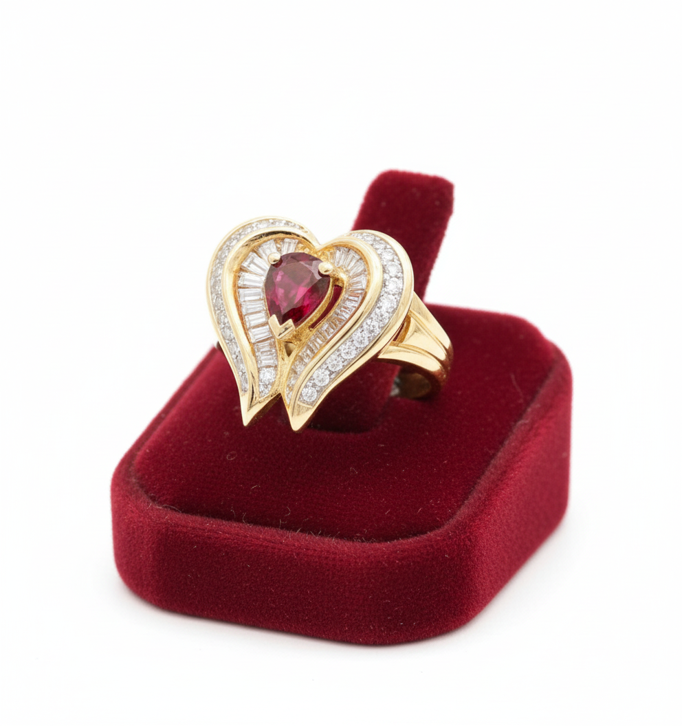Estate Ring, 1 Ruby Pear Shape 0.80 ct  Red-Fine VS1, Baguette Cut Diamond 1.37 ct  G-H VS1-VS2, 18K Yellow Gold 8.39g
