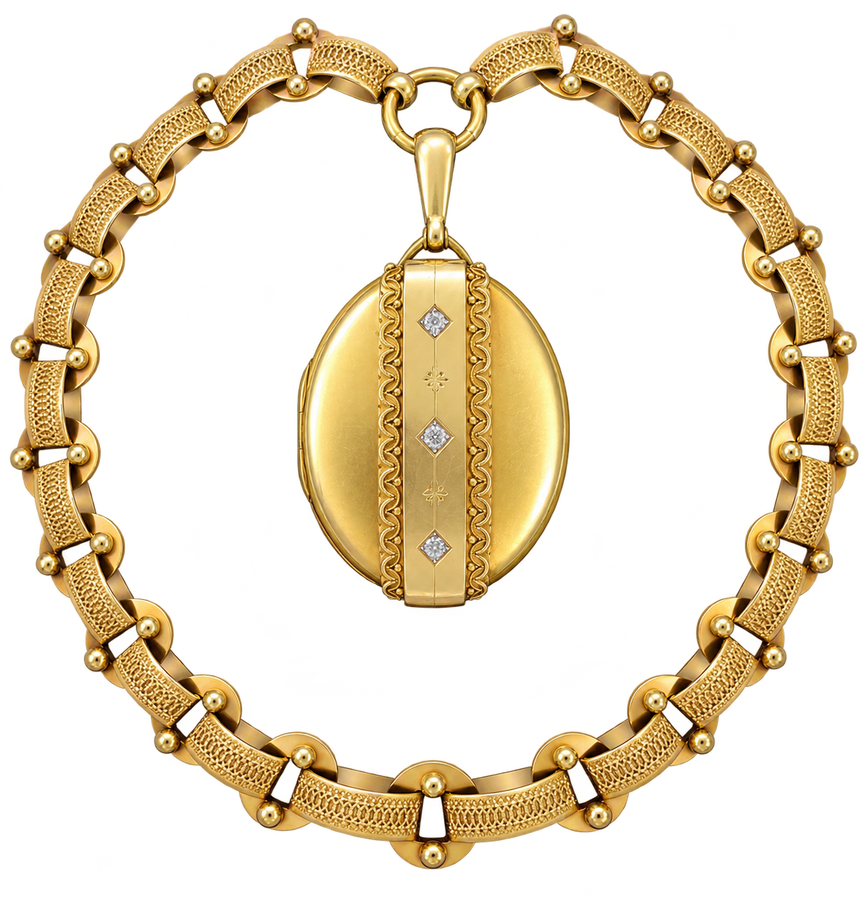 Watherston & Sons London Locket w/ Necklace 3 Rose Cut Diamond 0.30 cttw  H-I SI1-SI2 18K/21 K Yellow Gold 81.49g. All Weights Estimated.