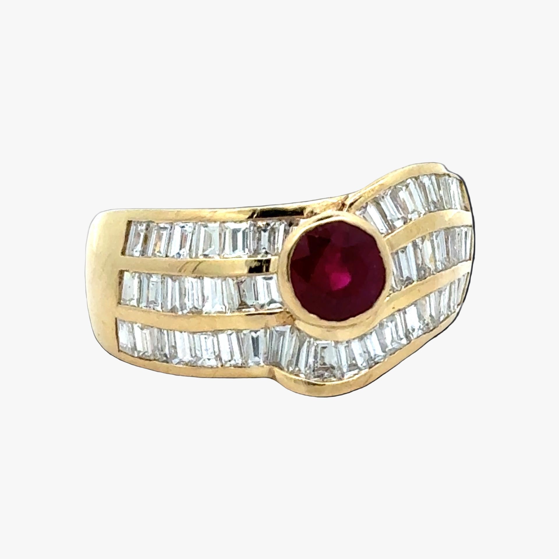 Estate Ring, 1 Fine Round Ruby 0.75 ct  Fine, Baguette Cut Diamond 1.69 ct  G-H VS2-SI1, 18K Yellow Gold 7.87g. Size 7.5