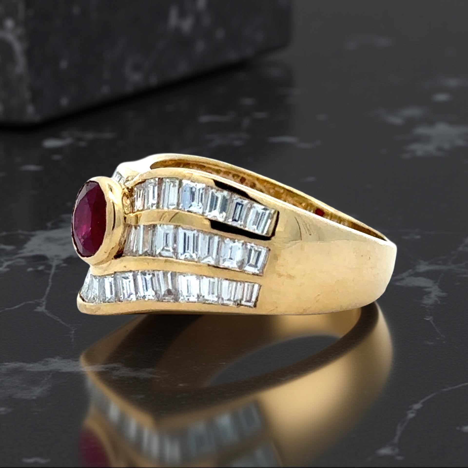 Estate Ring, 1 Fine Round Ruby 0.75 ct  Fine, Baguette Cut Diamond 1.69 ct  G-H VS2-SI1, 18K Yellow Gold 7.87g. Size 7.5