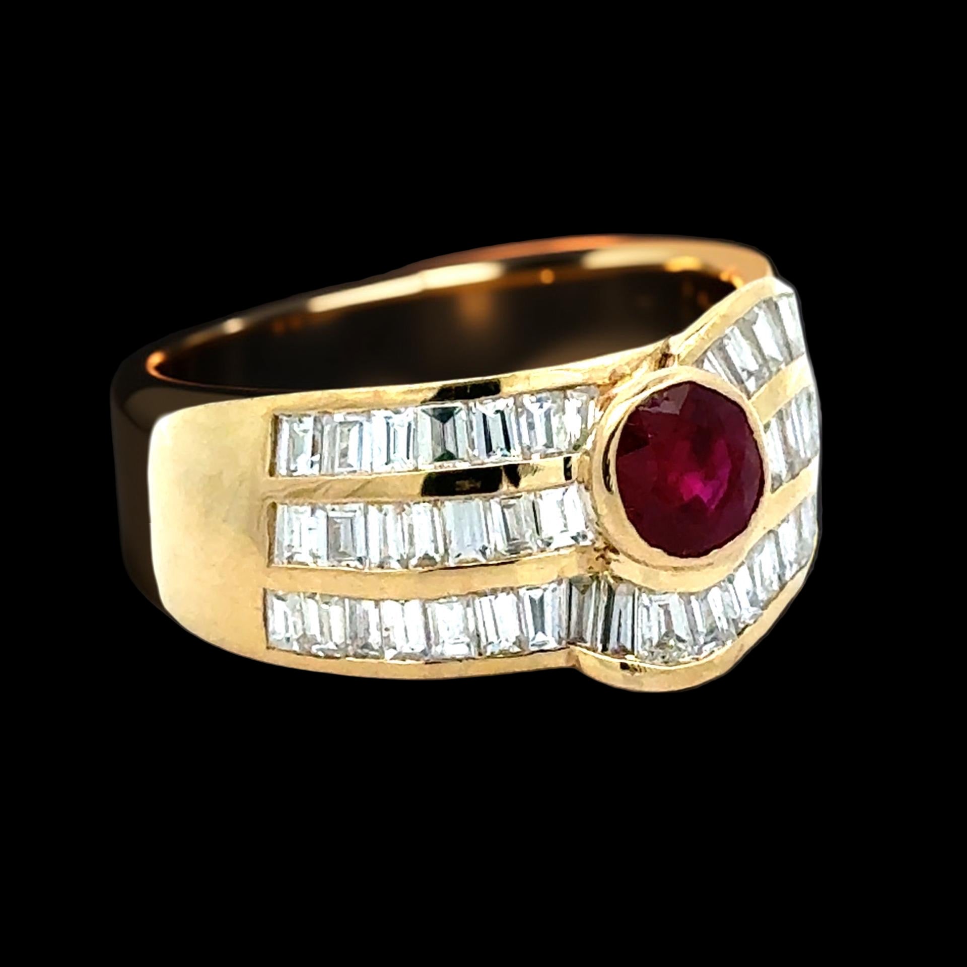 Estate Ring, 1 Fine Round Ruby 0.75 ct  Fine, Baguette Cut Diamond 1.69 ct  G-H VS2-SI1, 18K Yellow Gold 7.87g. Size 7.5