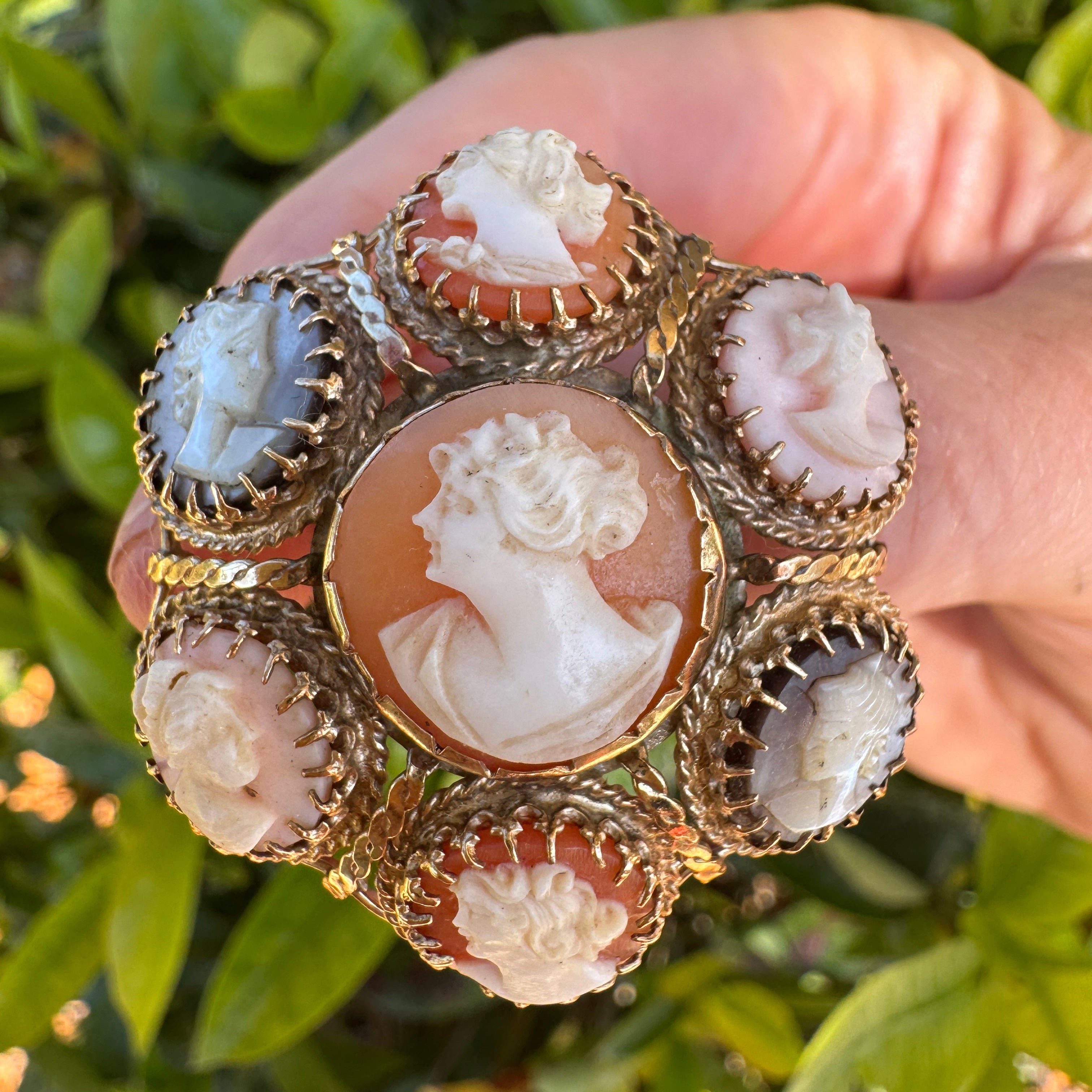 Estate Brooch/Pendant, Agate, Chalcedony, Mother of Pearl, 14K Yellow Gold 11.80g. All Weights Estimated.