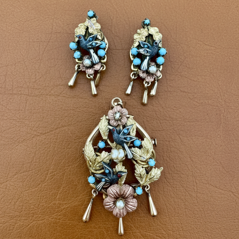 Estate Brooch/Earring, Pearl Round, Turquoise Cabochon 14K Yellow/Rose Gold 15.80g (All Weights Estimated)