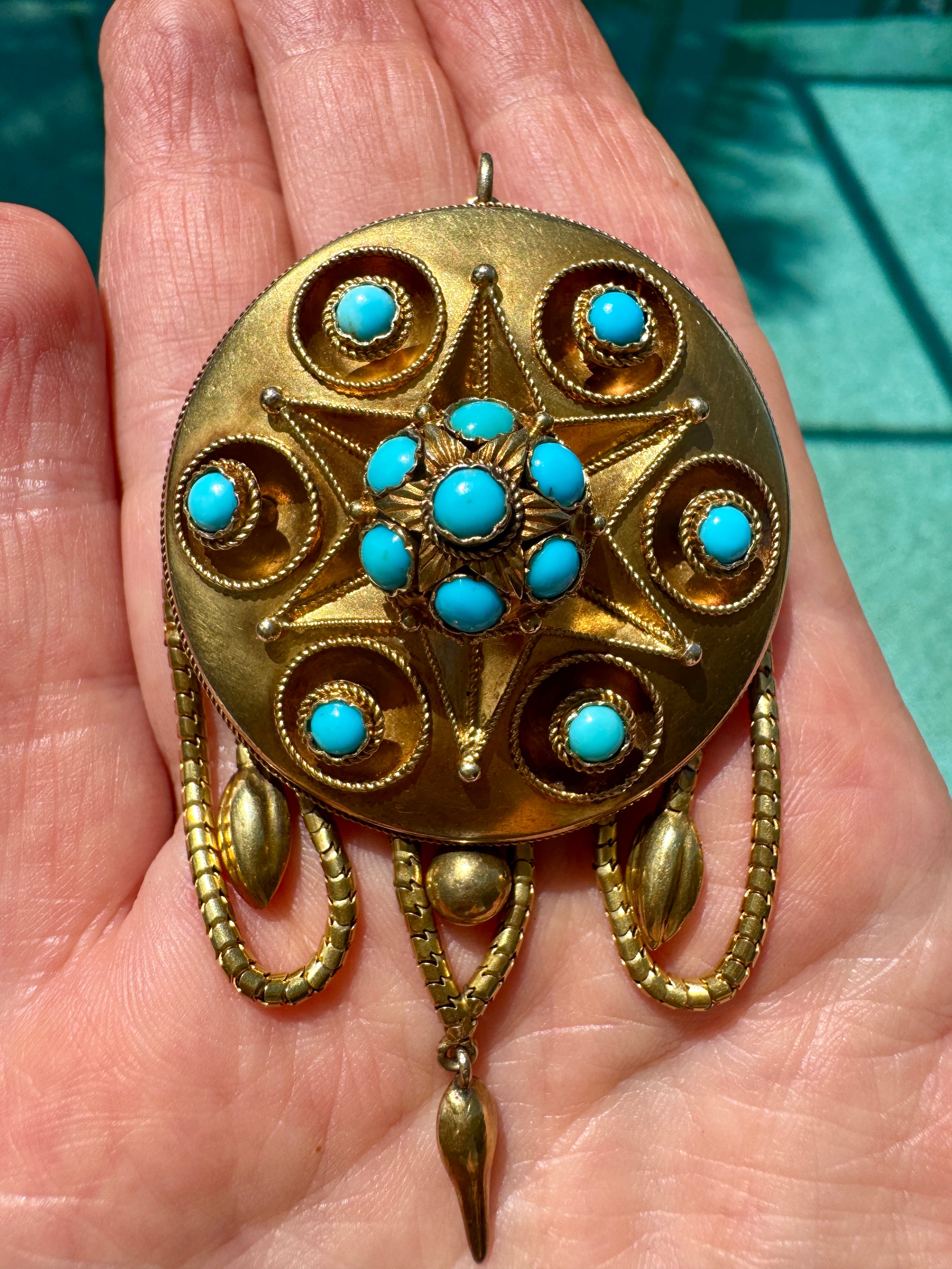 Estate Ring, 13 Turquoise  Cabochon 14K Yellow Gold 24.46g. All weights estimated 