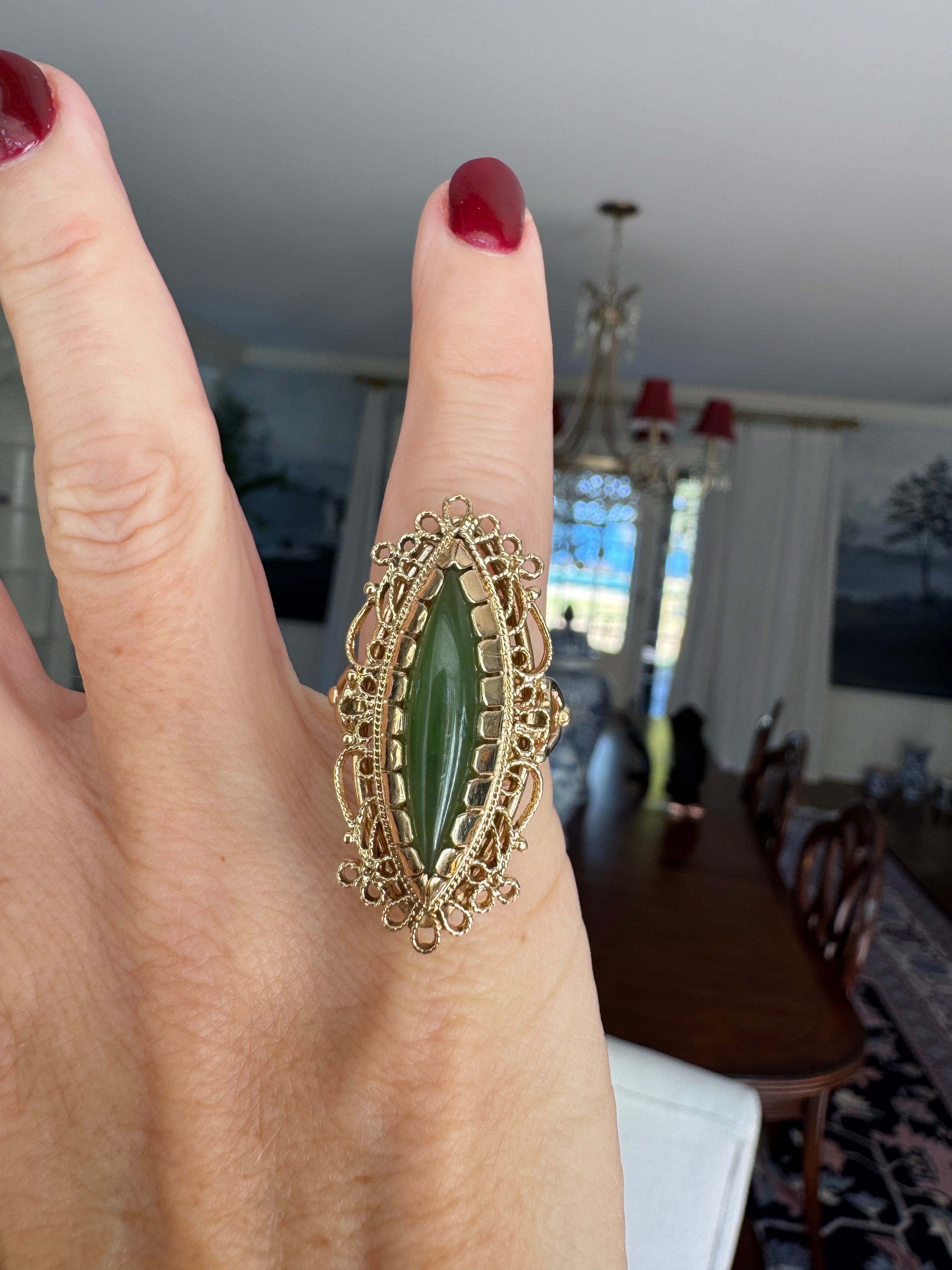 Estate Ring, 1 Jade Cabochon, 14K Yellow Gold 10.32g. All weights estimated.