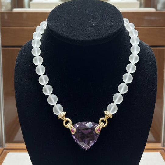 Italian Necklace, 8 Round Brilliant Cut Diamonds 0.16cttw H-I VS1-VS2, 1 Amethyst Heart Shape 40.00ct, 2 Ruby Cabochon 0.25cttw, 28 Rock Crystal Quartz Round, 18K Yellow Gold 66.00g, All Weights Estimated.