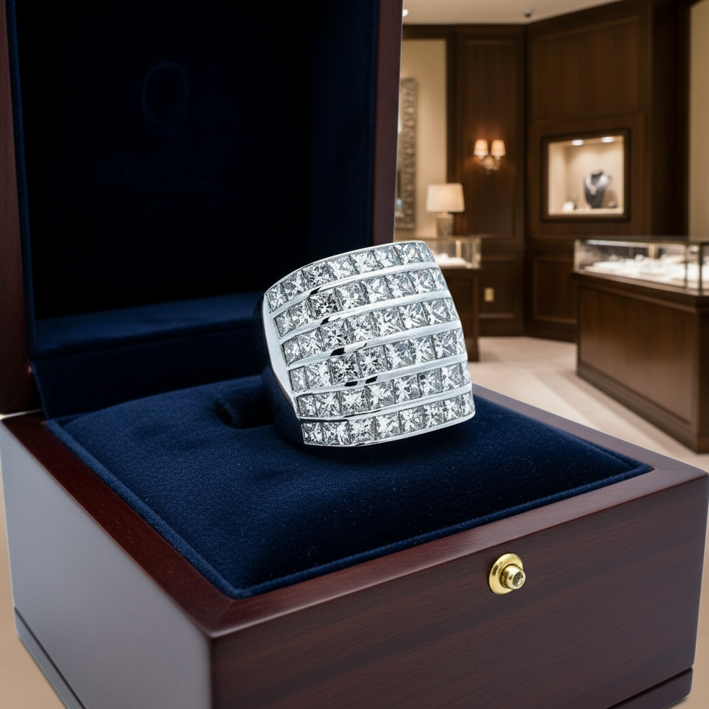 Estate Ring, 60 Princess Cut Diamond 9.00 ctTW  H-I VS1-VS2 18K White Gold 16.46g. Size 4.5