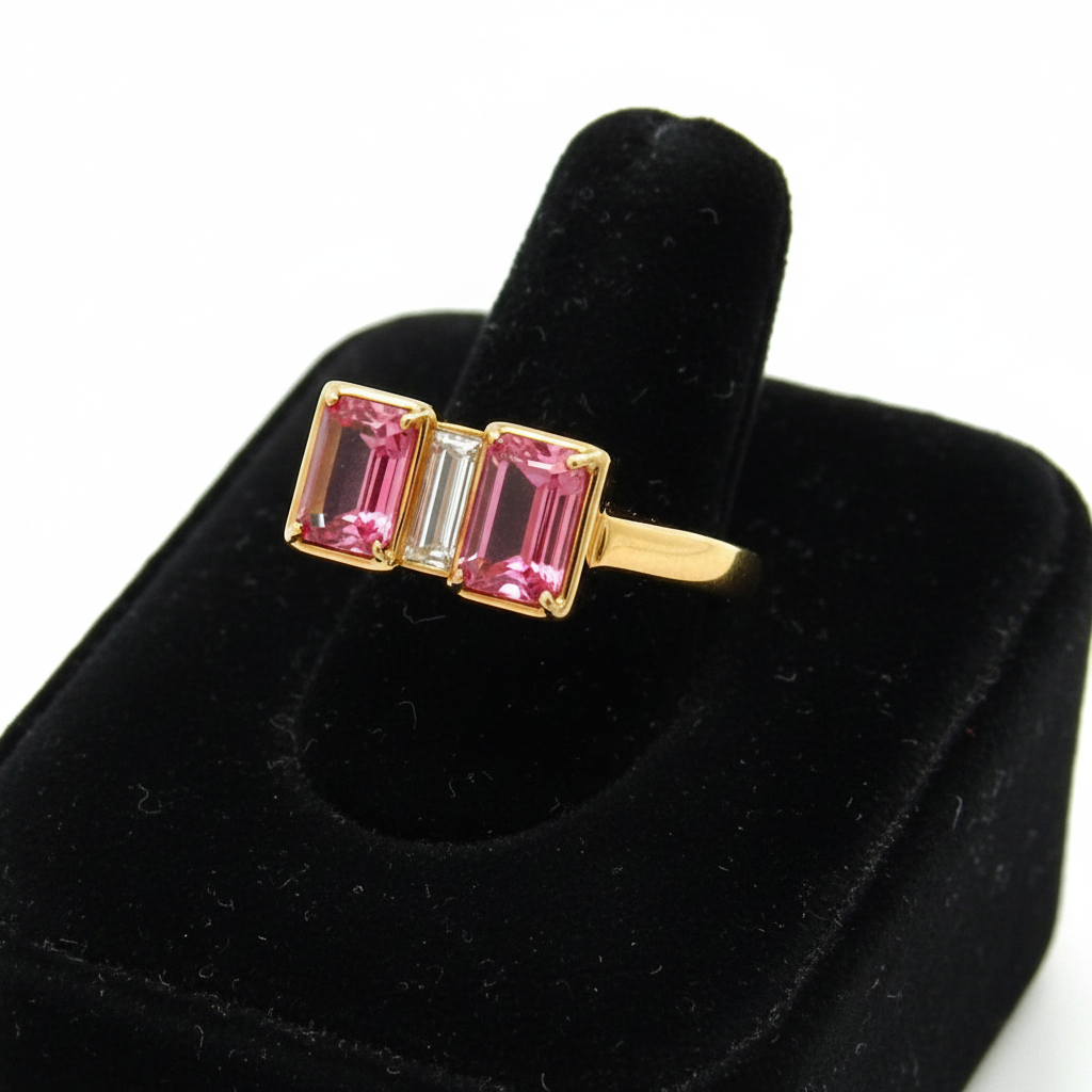Estate Ring, 2 Emerald Cut Pink Sapphire 2.50 ct 1 Baguette Cut Diamond 0.35 ct  H-I VS2,18K Yellow Gold 8.60g. Size 7