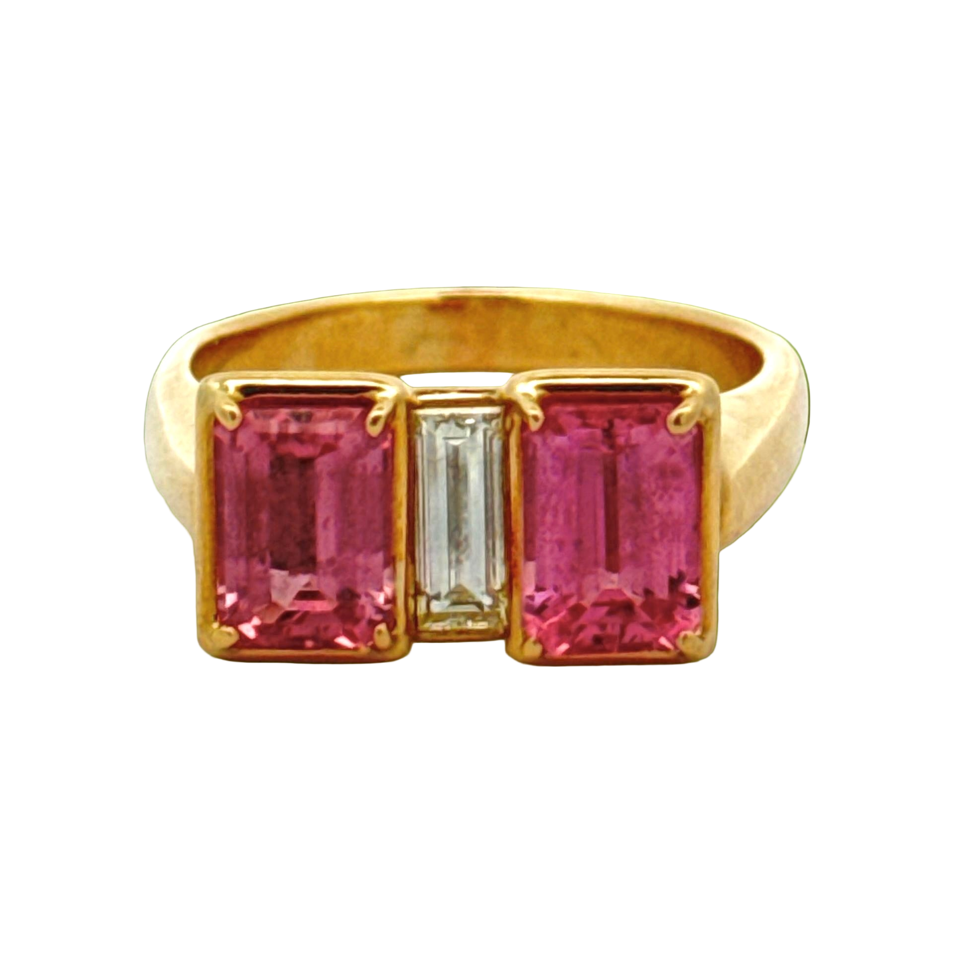 Estate Ring, 2 Emerald Cut Pink Sapphire 2.50 ct 1 Baguette Cut Diamond 0.35 ct  H-I VS2,18K Yellow Gold 8.60g. Size 7