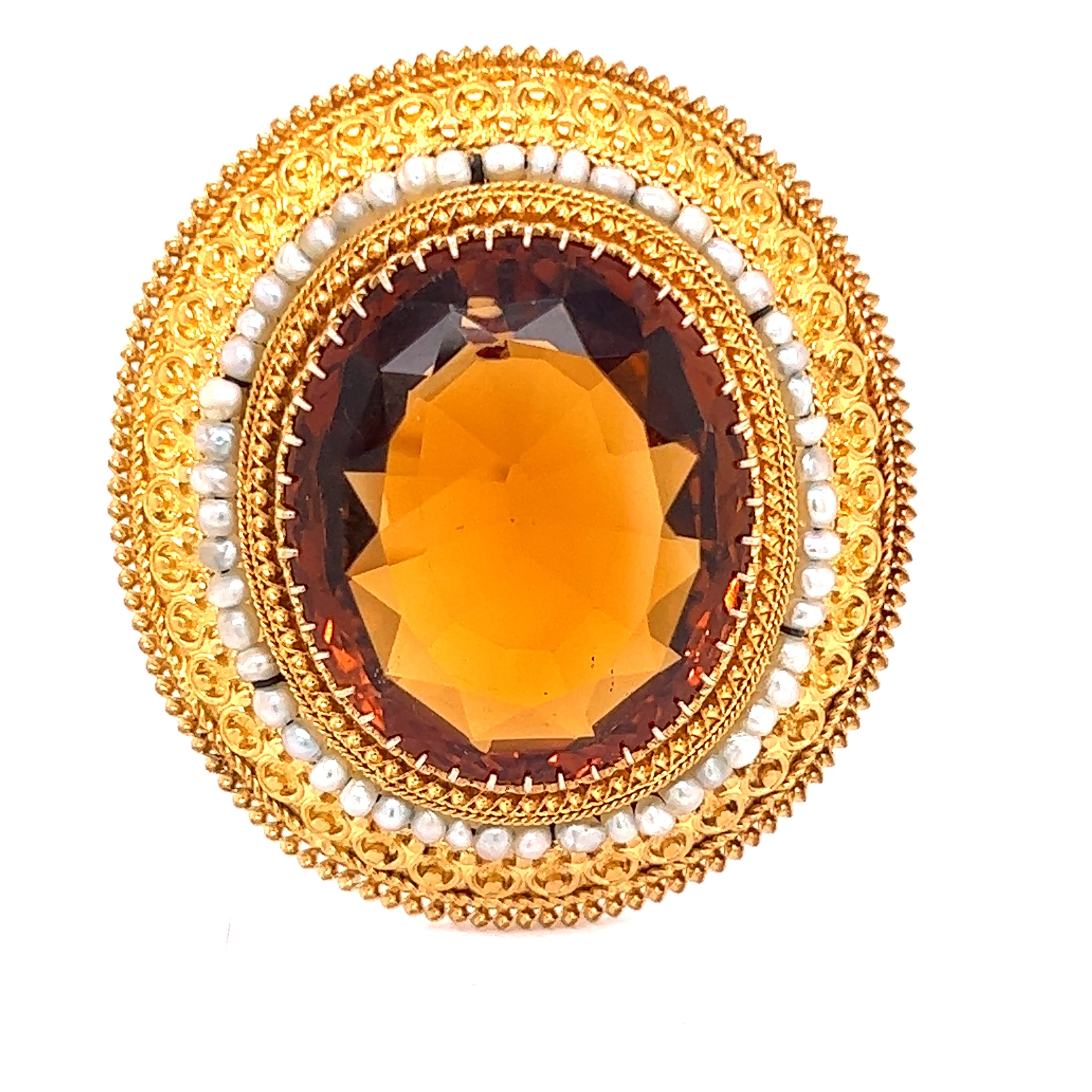 Estate Art Deco Brooch/Pendant, 1 Oval Citrine 24.40 ct, 14K Yellow Gold 16.32g