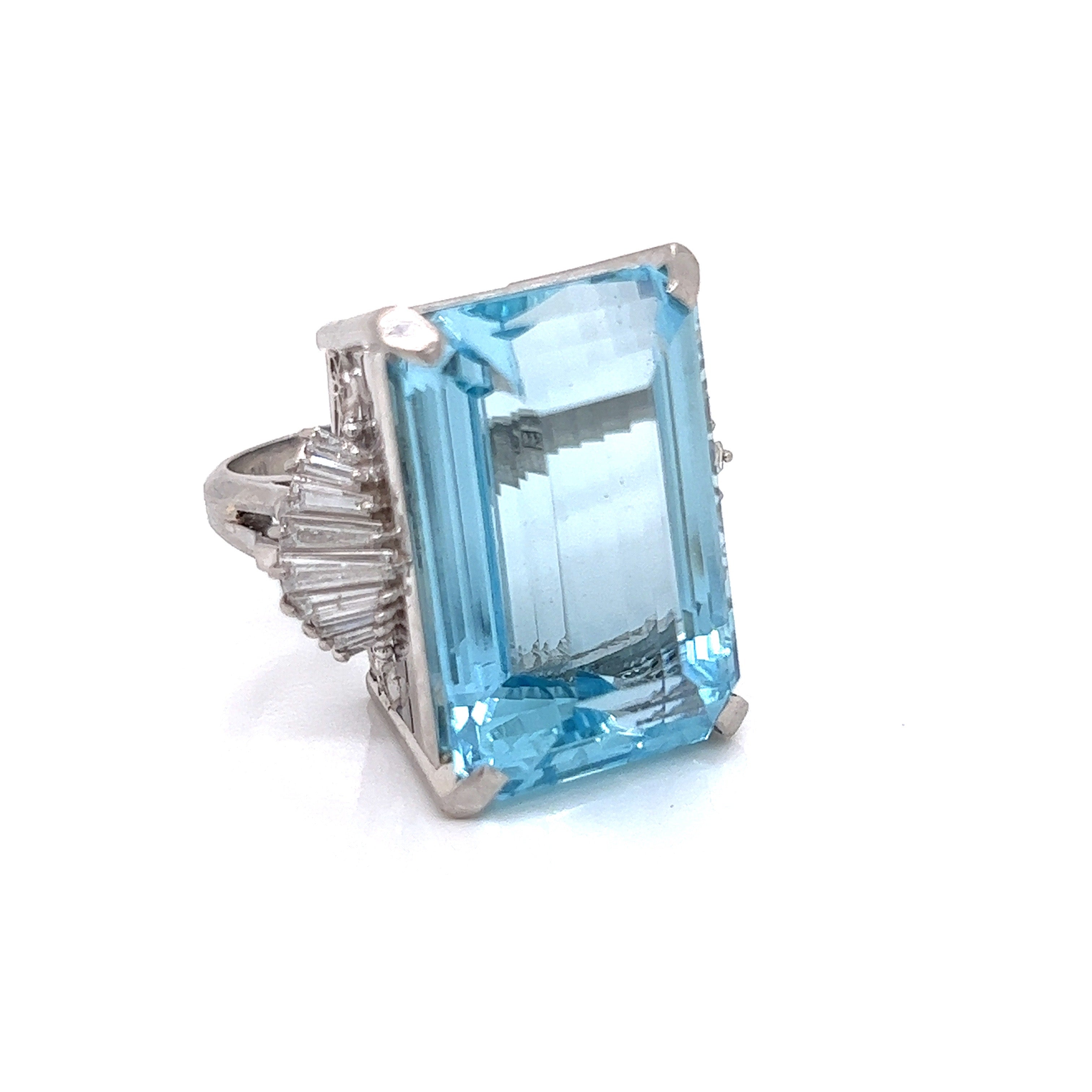 Estate Ring, 1 Emerald Cut Aquamarine 34.59 ct, Baguette Cut Diamond 0.90 cttw H-I SI1, Platinum 26.80g