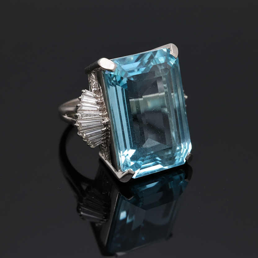 Estate Ring, 1 Emerald Cut Aquamarine 34.59 ct, Baguette Cut Diamond 0.90 cttw H-I SI1, Platinum 26.80g