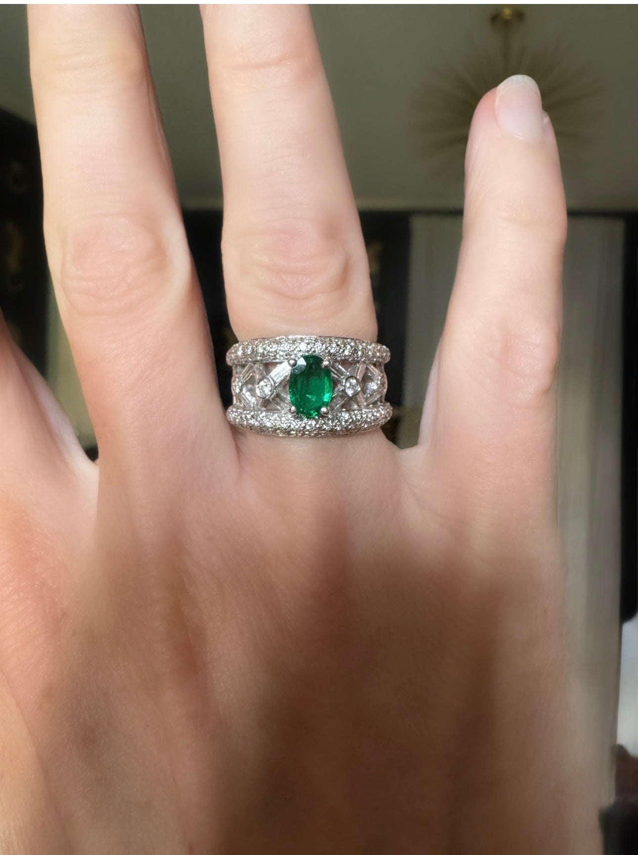 Vintage Ring BAG/RBC Diamond 1.16cttw  H/I, 1 Emerald  OV 0.92ct  18KT WG 9.40g ,All Weights Estimated