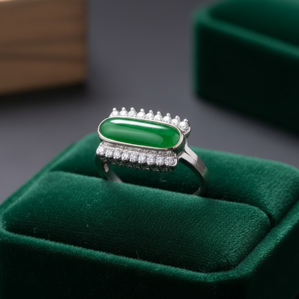 Estate Ring, 1 Jadeite Oval Cabochon Green, 18 Round Diamond 0.45 cttw  G-VG, 18K White Gold 8.64g