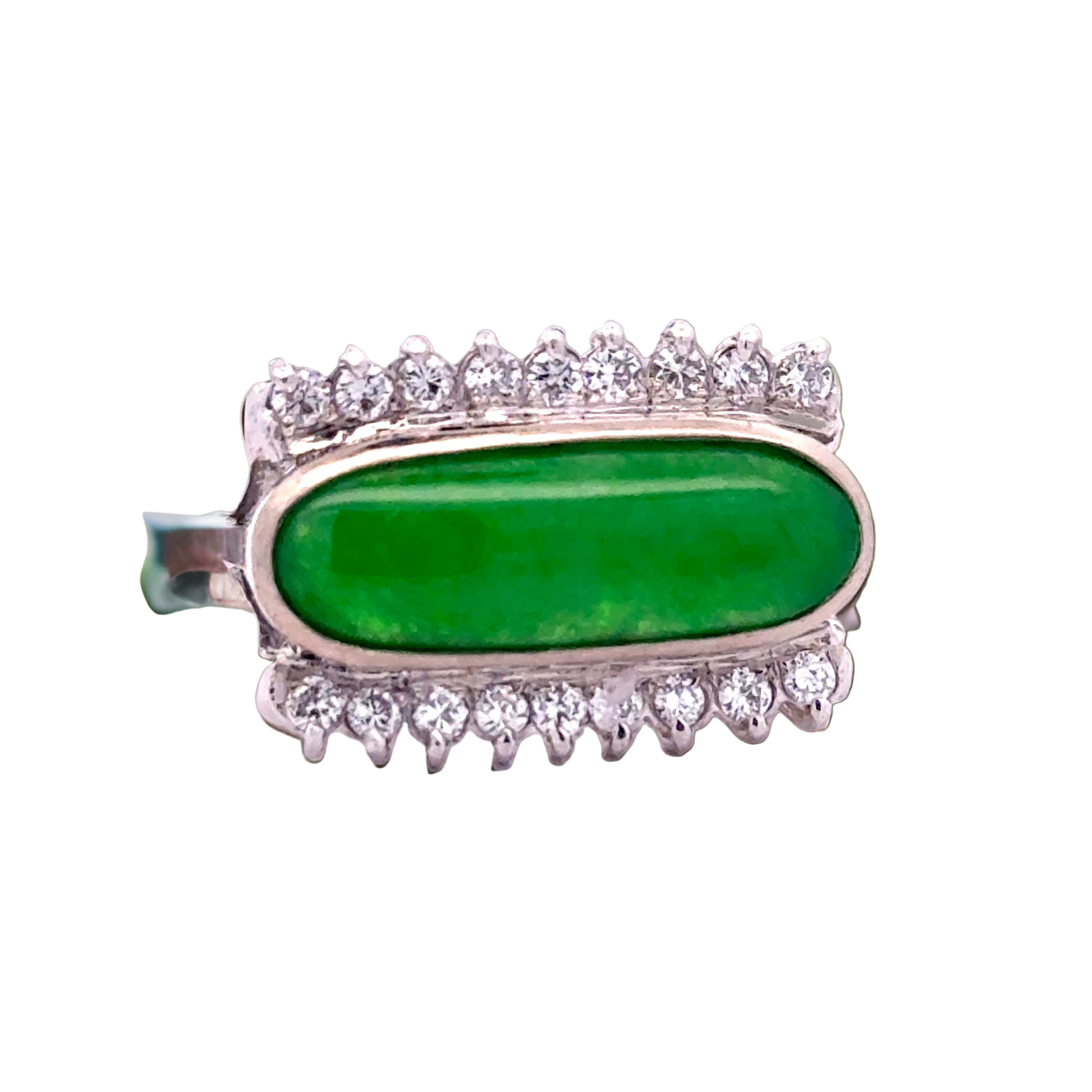 Estate Ring, 1 Jadeite Oval Cabochon Green, 18 Round Diamond 0.45 cttw  G-VG, 18K White Gold 8.64g