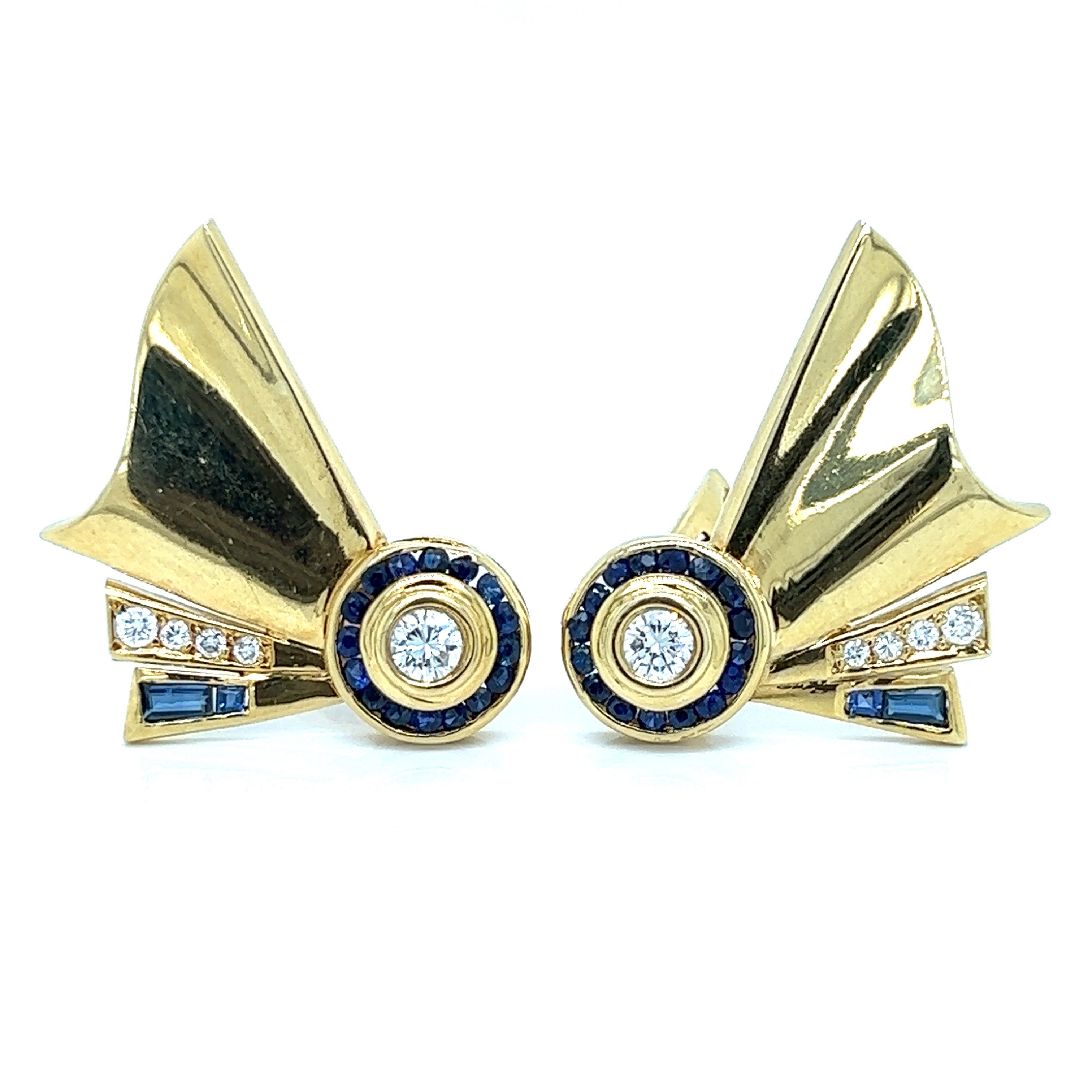 Estate Custom Designer Earrings, Round Diamond 0.80ct  F-G VS1-VS2, Mixed Cut Sapphire 1.00 cttw, 18K Yellow Gold 22.00g