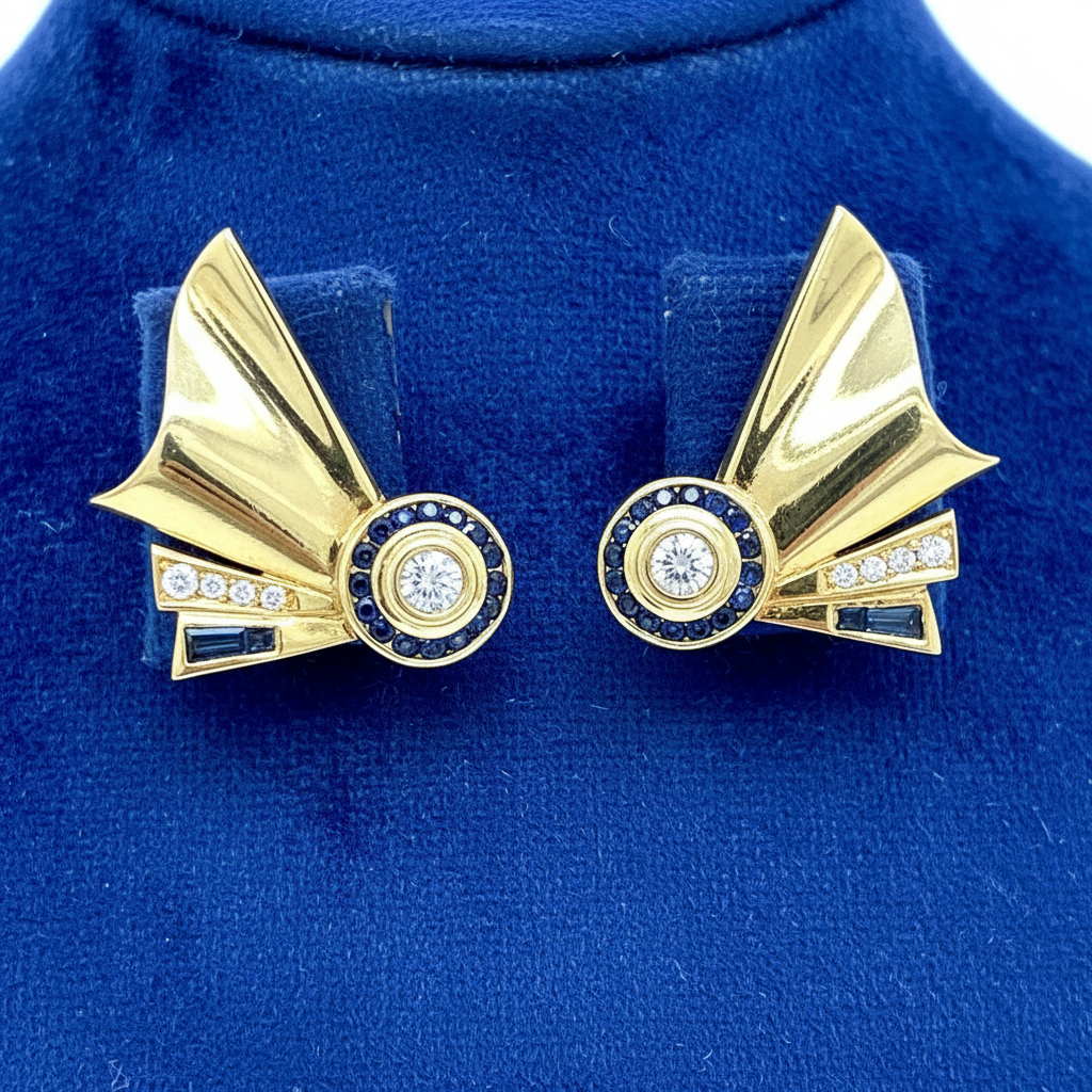 Estate Custom Designer Earrings, Round Diamond 0.80ct  F-G VS1-VS2, Mixed Cut Sapphire 1.00 cttw, 18K Yellow Gold 22.00g
