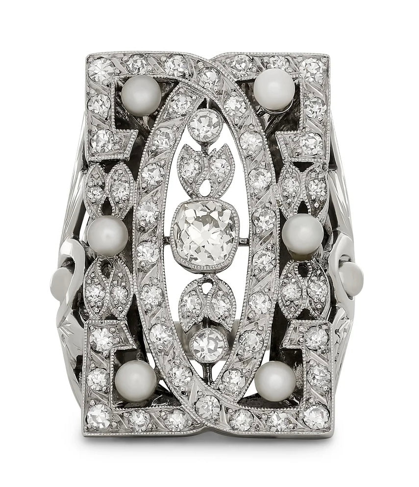 Estate Ring, 1 Old Mine Cut Diamond 0.70ct I VS1, 52 Single Cut Diamonds 0.80cttw H-I VS1-VS2, 6 Pearl, Platinum/14K White Gold 12.39g. All Weights Estimated.
