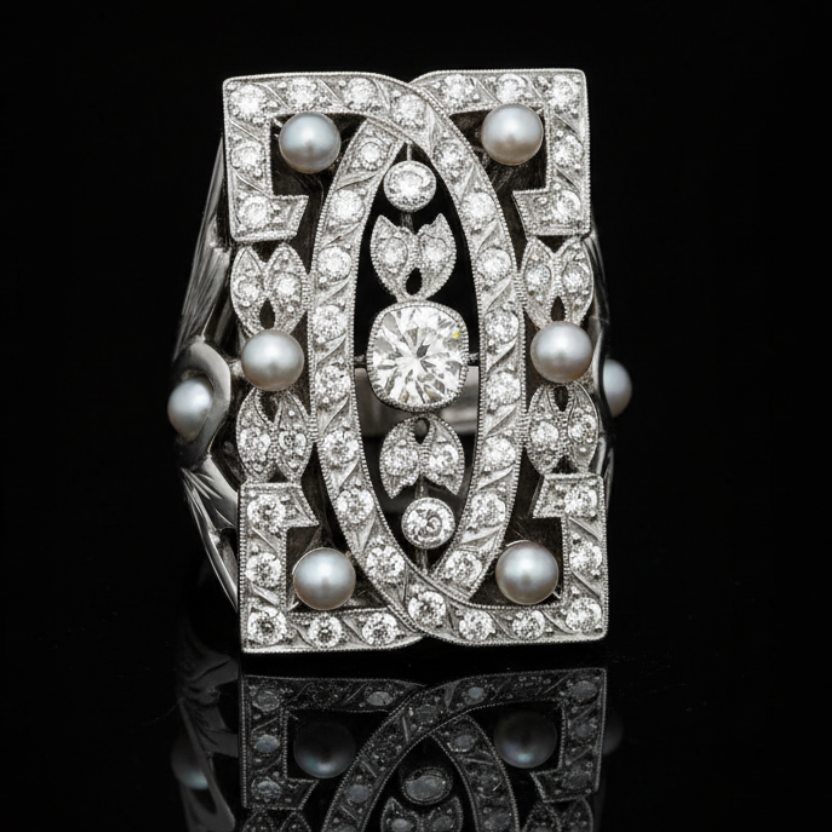 Estate Ring, 1 Old Mine Cut Diamond 0.70ct I VS1, 52 Single Cut Diamonds 0.80cttw H-I VS1-VS2, 6 Pearl, Platinum/14K White Gold 12.39g. All Weights Estimated.