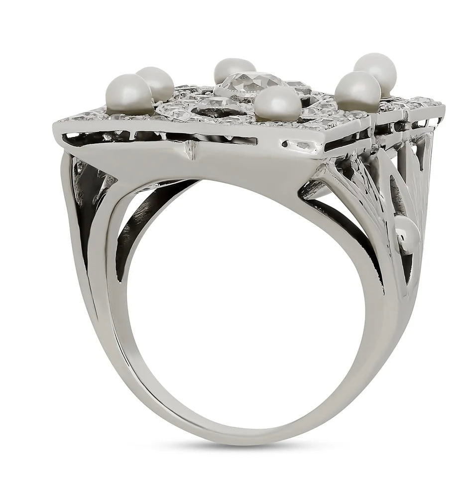 Estate Ring, 1 Old Mine Cut Diamond 0.70ct I VS1, 52 Single Cut Diamonds 0.80cttw H-I VS1-VS2, 6 Pearl, Platinum/14K White Gold 12.39g. All Weights Estimated.