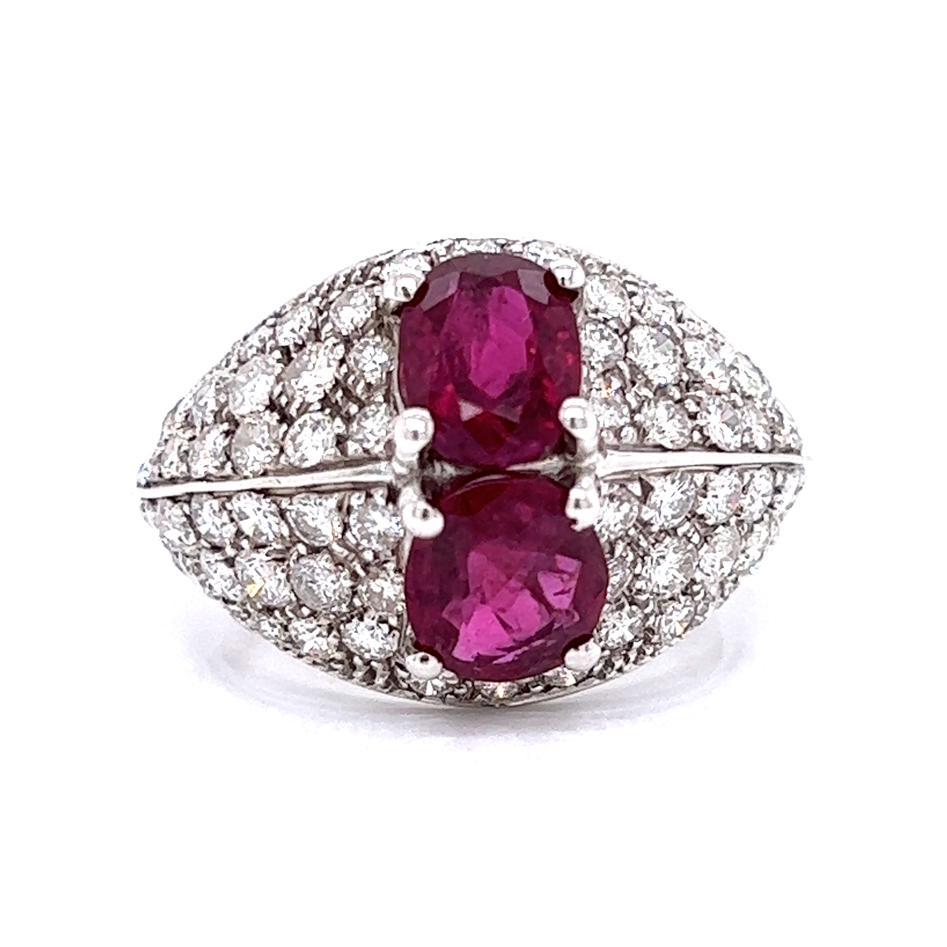 Estate Bold Ring, 2 Oval Ruby 3.00 cttw, Round Diamond 2.26 cttw G-H VS2-SI2, 18K White Gold 6.44g