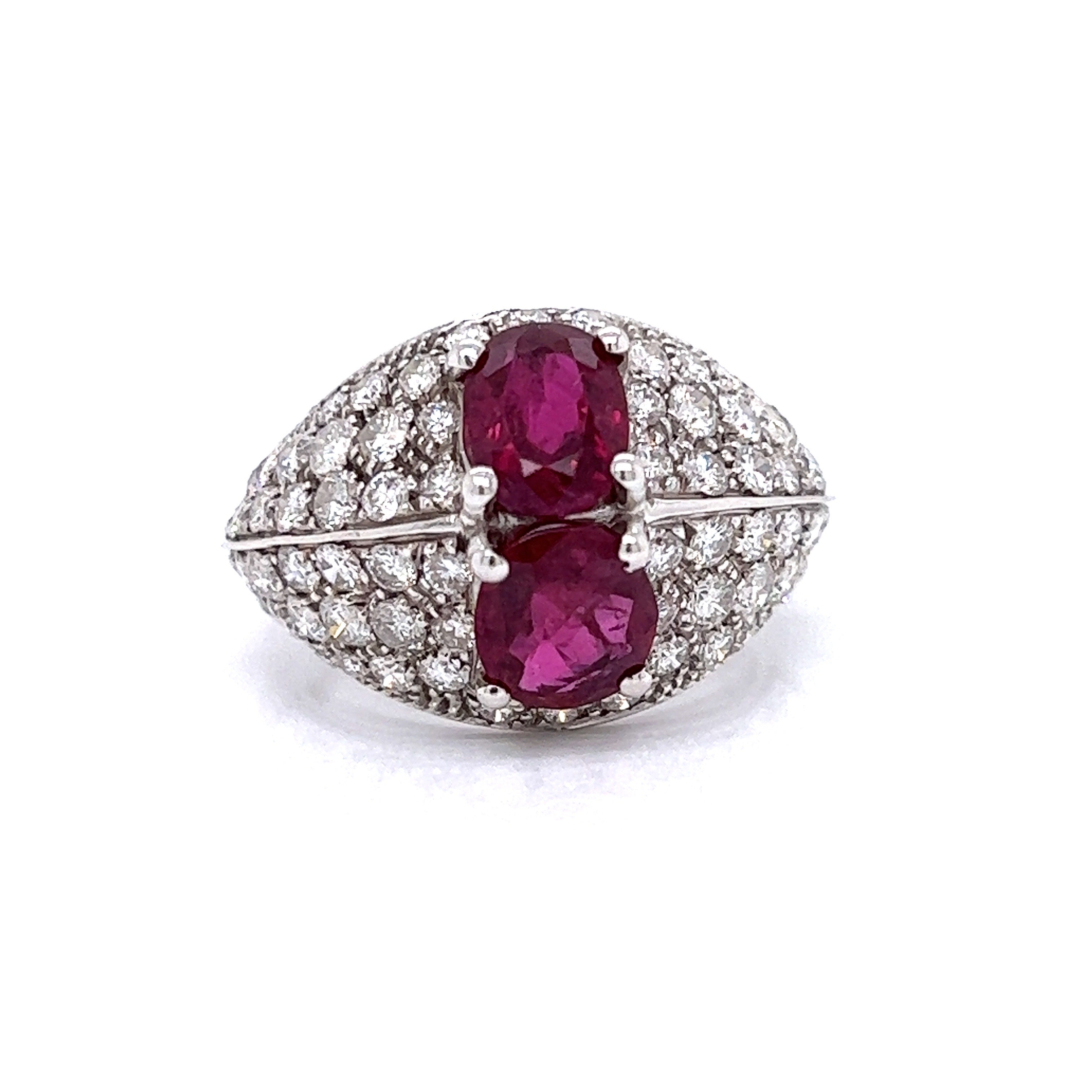 Estate Bold Ring, 2 Oval Ruby 3.00 cttw, Round Diamond 2.26 cttw G-H VS2-SI2, 18K White Gold 6.44g