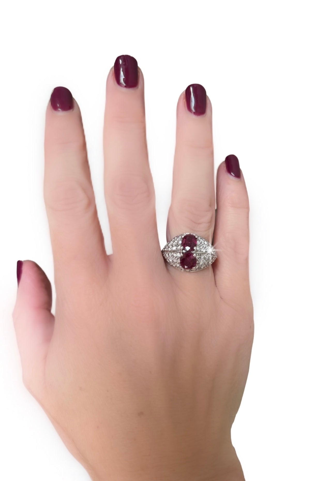 Estate Bold Ring, 2 Oval Ruby 3.00 cttw, Round Diamond 2.26 cttw G-H VS2-SI2, 18K White Gold 6.44g