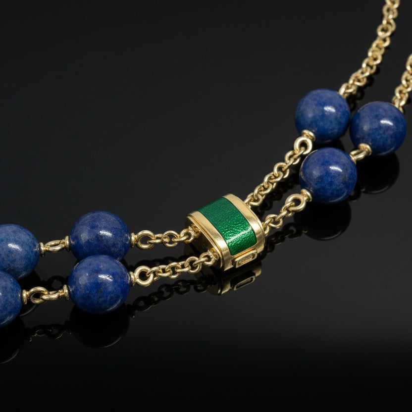 David Webb Necklace, Lapis Round 1145.55cttw, Enamel Green, 18K Yellow Gold. Signed GS437, All Weights Estimated