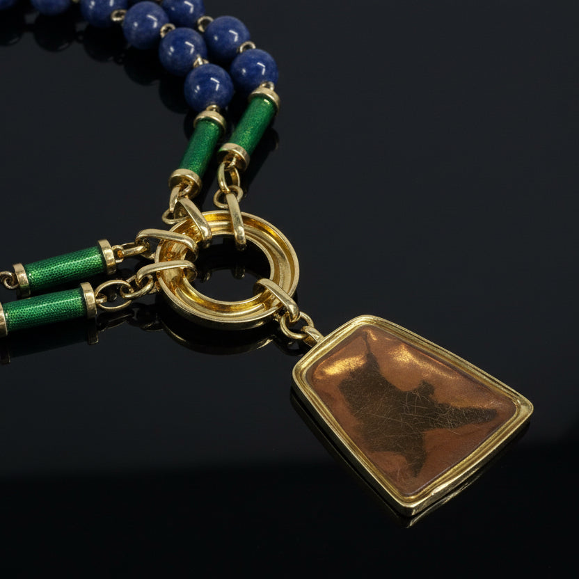 David Webb Necklace, Lapis Round 1145.55cttw, Enamel Green, 18K Yellow Gold. Signed GS437, All Weights Estimated