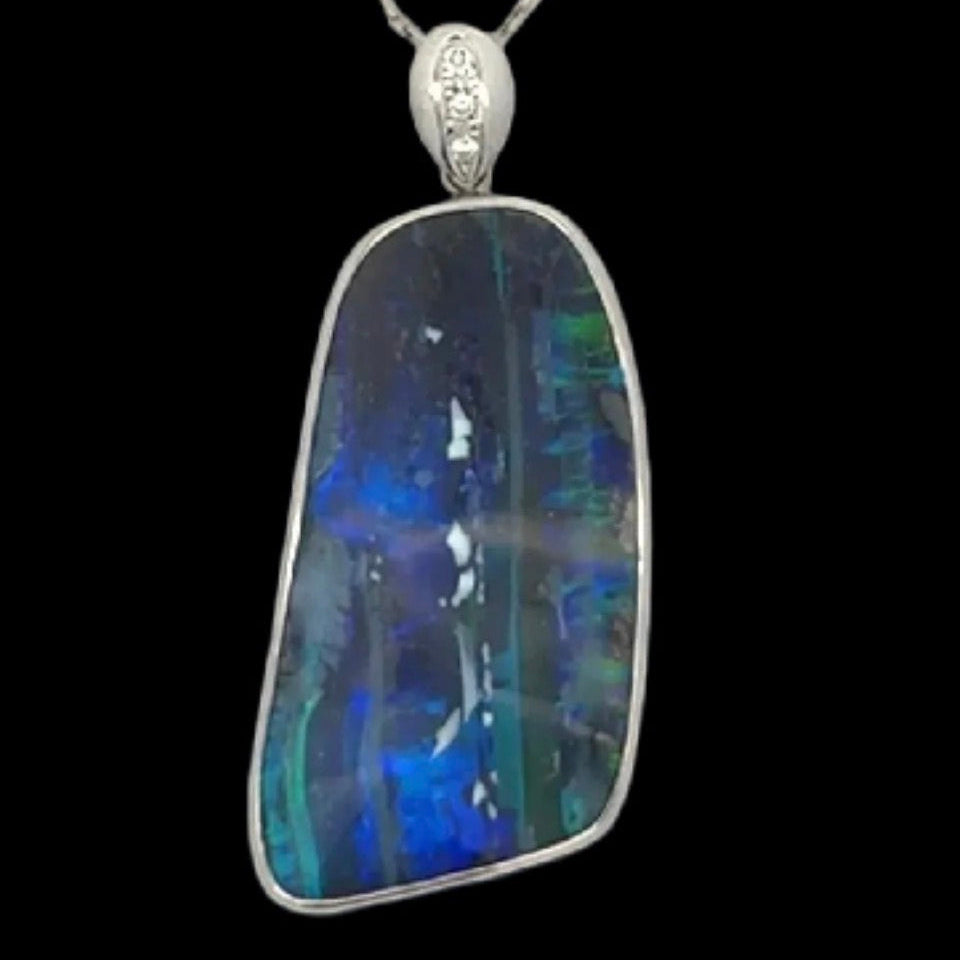 Custom Necklace, Round Brilliant Cut Diamonds 0.09cttw G-H SI1, Boulder Opal Free Form 61.17ct, Platinum 21.50g. All Weights Estimated.