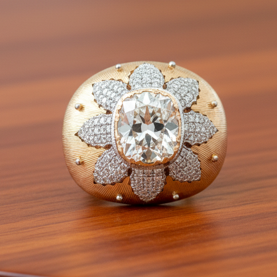 Estate Ring, 1 Cushion Brilliant Diamond 2.85 ct  K VS1, 114 Round Brilliant Cut Diamond 0.50 ct  G-H VS2-SI1 18K White/Yellow Gold 14.16g. All weights estimated